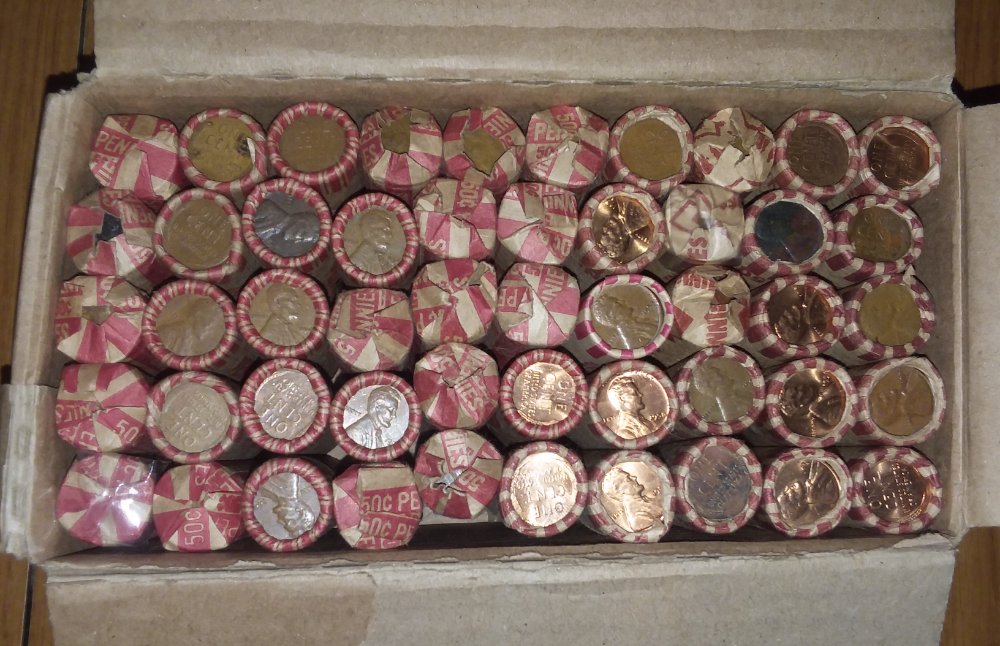 A-Box-Filled-With-Hand-Wrapped-Rolls-Of-Wheat-Cents-From-CRH-Mostly